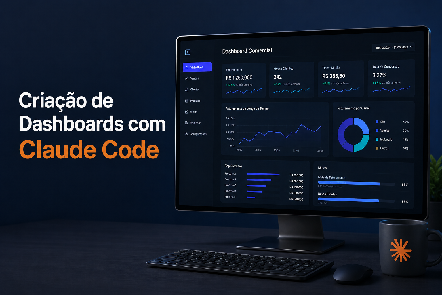 Exemplo de dashboard comercial construído com o Claude, mostrando faturamento, novos clientes, ticket médio, taxa de conversão e gráficos de vendas.
